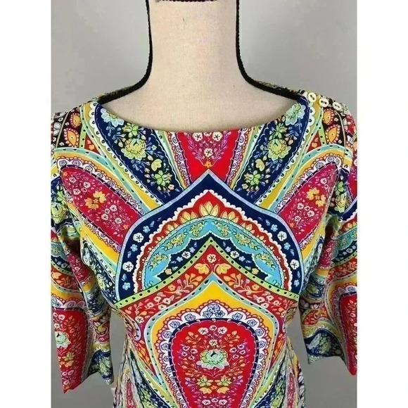 J. Mclaughlin Geometric Catalina Cloth Blouse S Colorful 3/4 Sleeve Spandex - Picture 2 of 12
